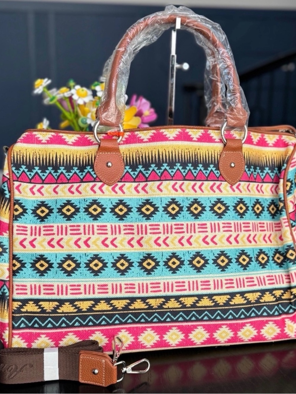American Bling by Montana West Aztec Pattern Weekender Bag in Turquoise & Pink